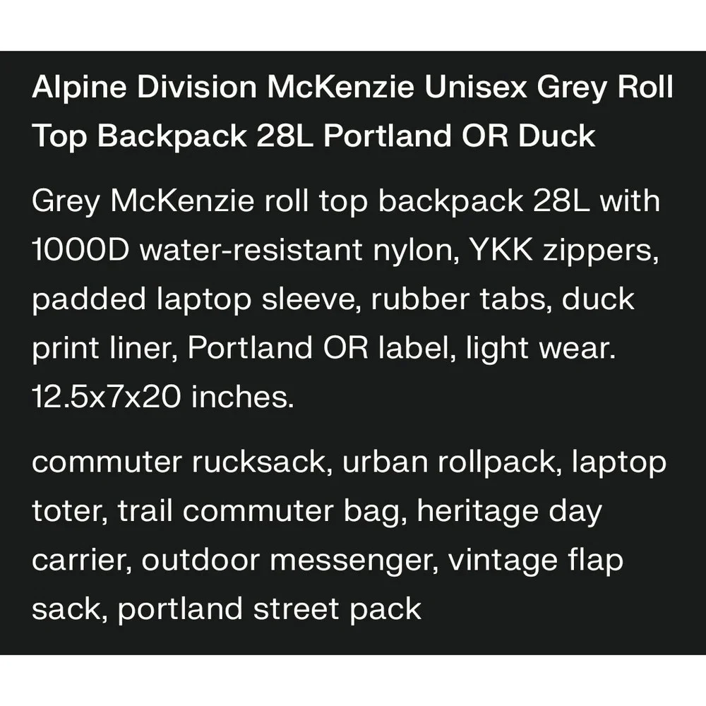 Alpine Division McKenzie Grey Roll Top Backpack 28L Portland OR Duck Print Liner